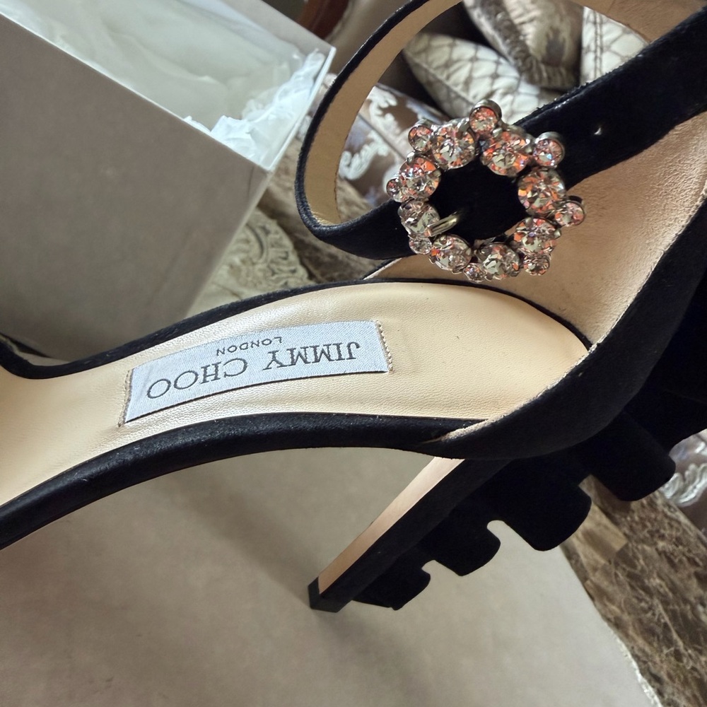 Jimmy Choo Black Suede Wingback Ankle-Strap Heels - Picture 6 of 15